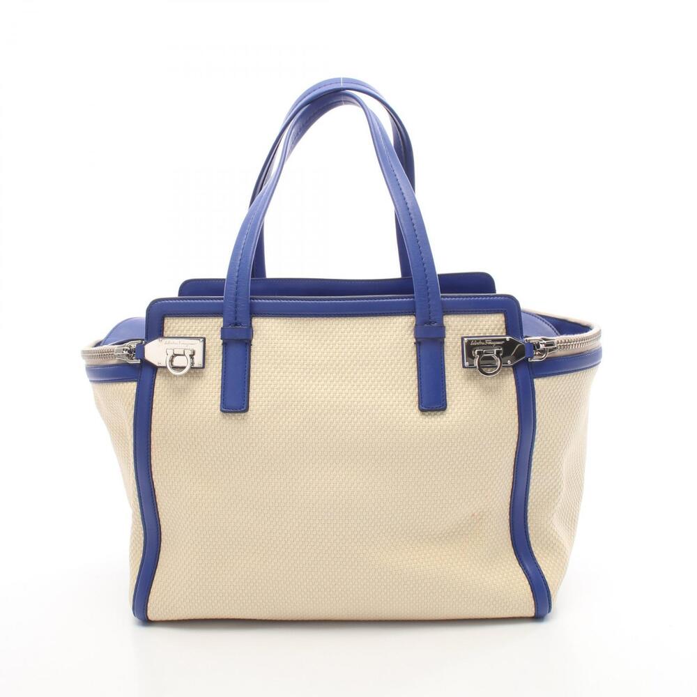 Salvatore Ferragamo Ariana Gancini Handbag Canvas Leather Ivory White Blue